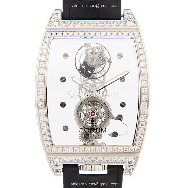 Luxurious Corum Bridge Replica in 18kt White Gold & Diamond, Manual Wind Movement, Skull Dial Watch