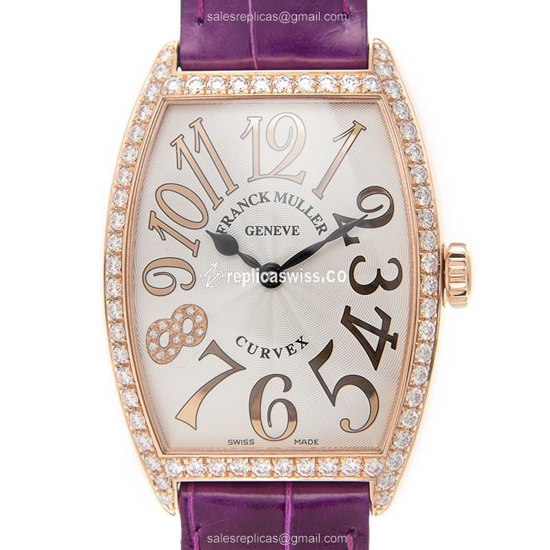 Luxurious Franck Muller 2852 Cintree Curvex Quartz Watch in Rose Gold & Diamond Case, Silver Dial &