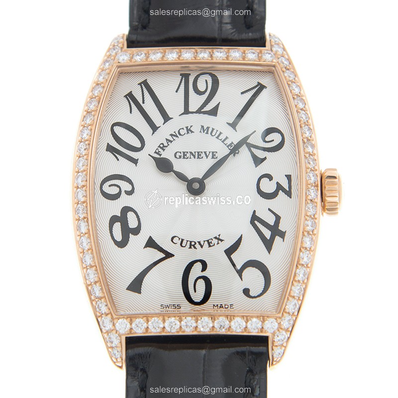Luxurious Franck Muller 2852 Quartz Replica in 18kt Rose Gold, Set with Diamonds & Alligator Strap