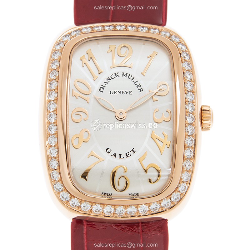 Luxurious Franck Muller 3002 M QZ Galet Replica in 18kt Rose Gold, Silver Dial, Genuine Leather