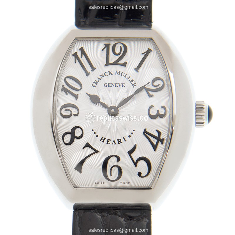 Luxurious Franck Muller 5002 L QZ Black Heart Quartz Replica with Silver Dial & Leather Strap Watch