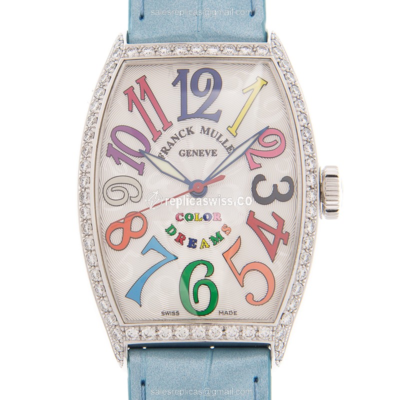 Luxurious Franck Muller 5850 SC COL DRM D R Automatic Watch with Silver Dial & Blue Alligator Strap