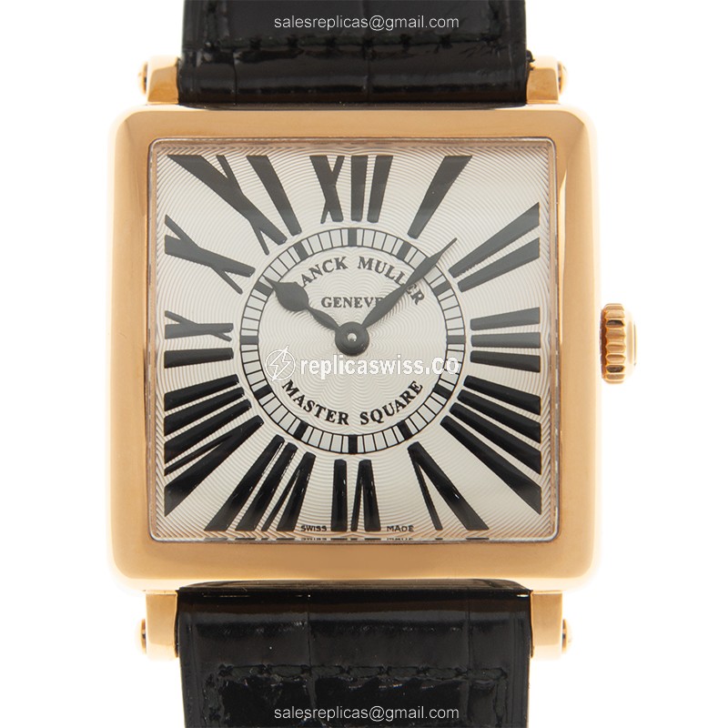 Luxurious Franck Muller 6002 M QZ R Replica Watch in 18kt Rose Gold, Silver Dial & Brown Alligator