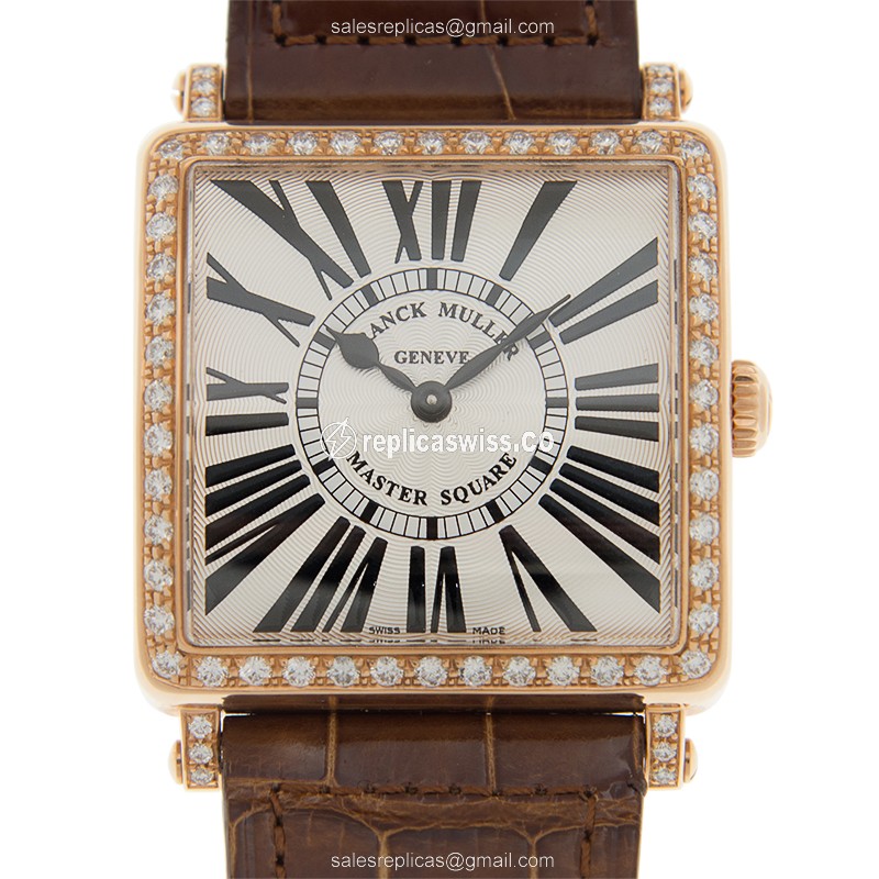 Luxurious Franck Muller 6002 M QZ Replica in 18kt Rose Gold, Silver Dial, Alligator Brown Strap