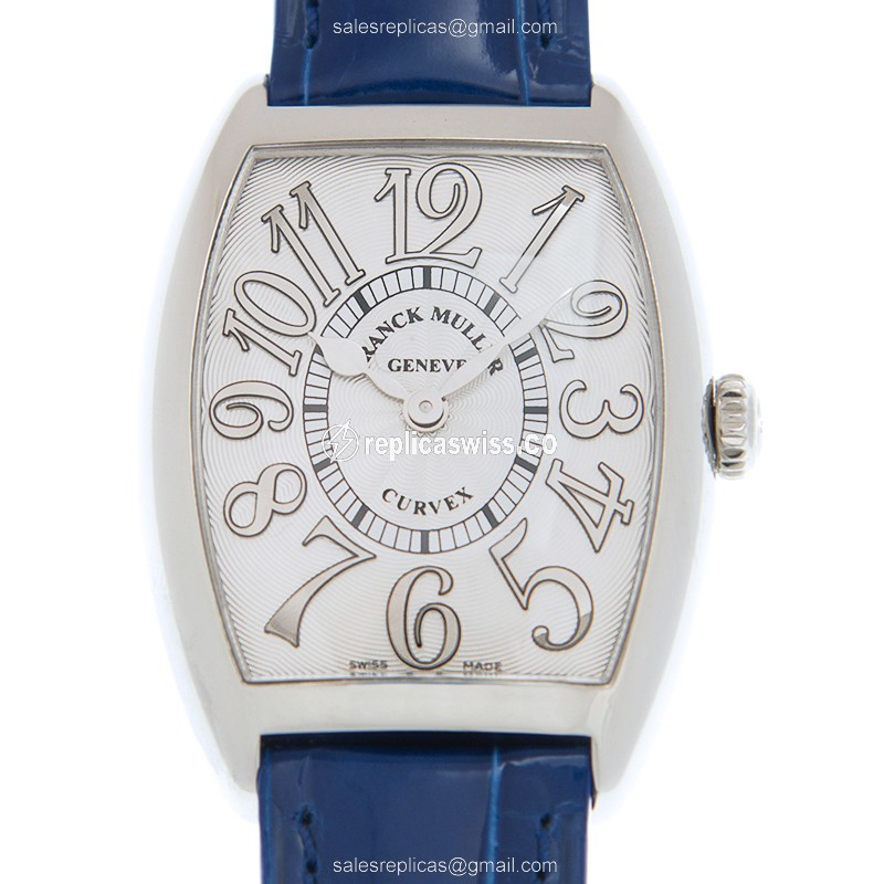 Luxurious Franck Muller 7502 QZ Replica in Stainless Steel Case, White Dial & Blue Alligator Strap