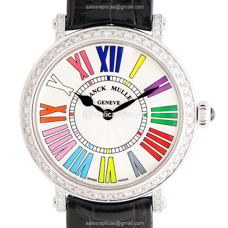 Luxurious Franck Muller 8035 Quartz Replica, Exquisite White Dial, Sparkling Diamond Bezels Watch