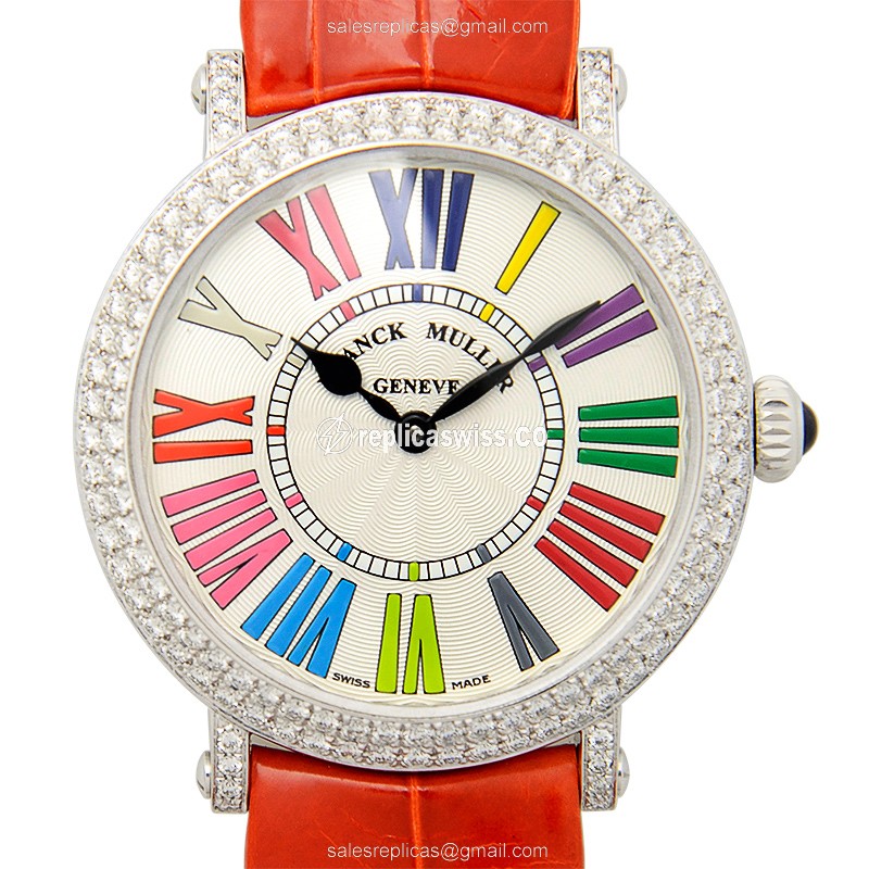 Luxurious Franck Muller 8035 QZ Replica, White Dial & Alligator Orange Strap, Precision Quartz