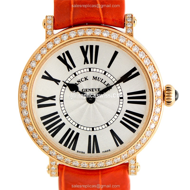 Luxurious Franck Muller 8035 Replica in 18kt Rose Gold, Diamond Bezels, & White Dial with Orange