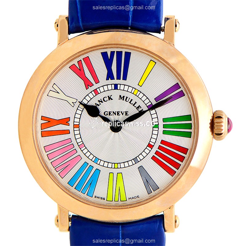 Luxurious Franck Muller 8035 Replica in 18kt Rose Gold, White Dial & Blue Alligator Strap Watch