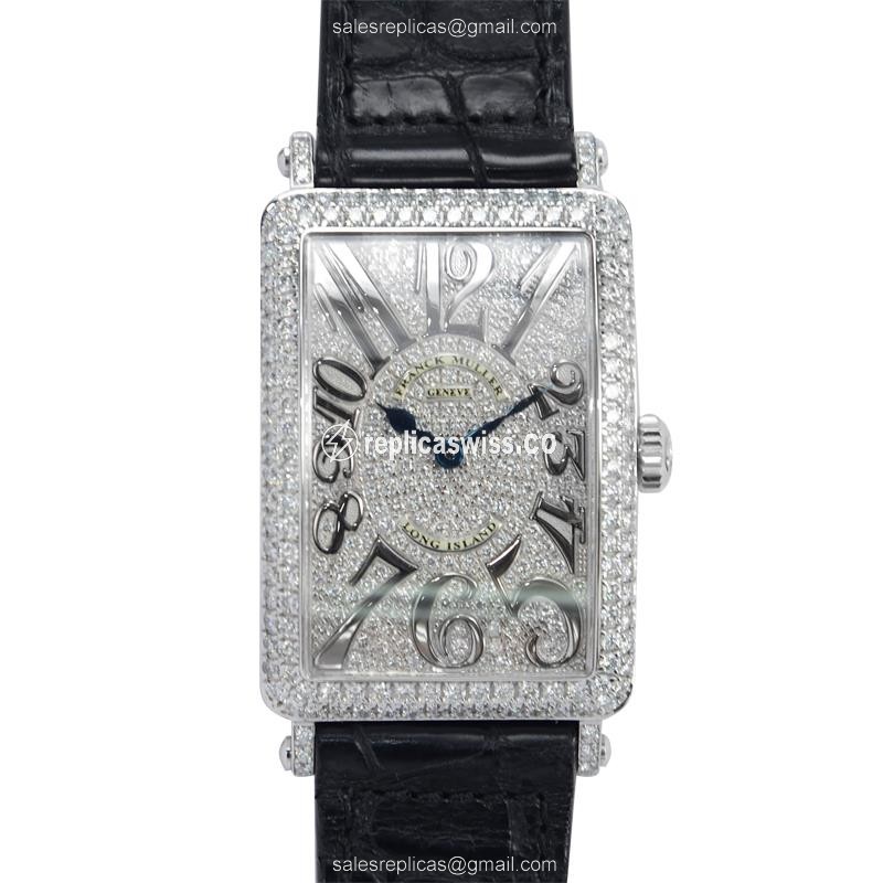 Luxurious Franck Muller 952 Quartz Replica in 18kt White Gold, Sparkling Diamond Bezels, Silver