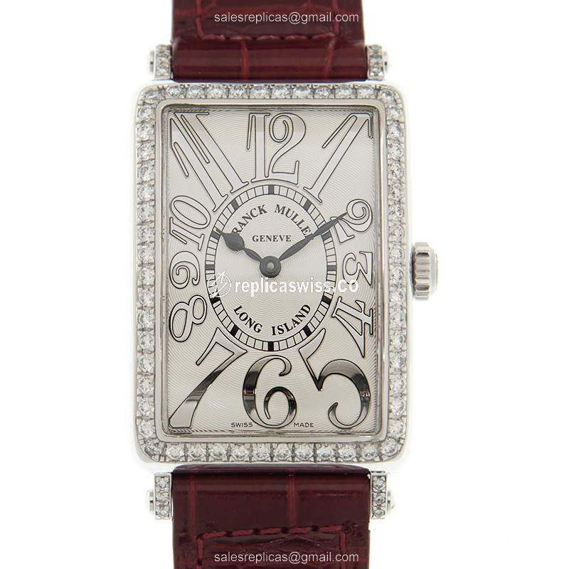 Luxurious Franck Muller 952 QZ Long Island Replica in 18kt White Gold & Diamond, White Dial on Red
