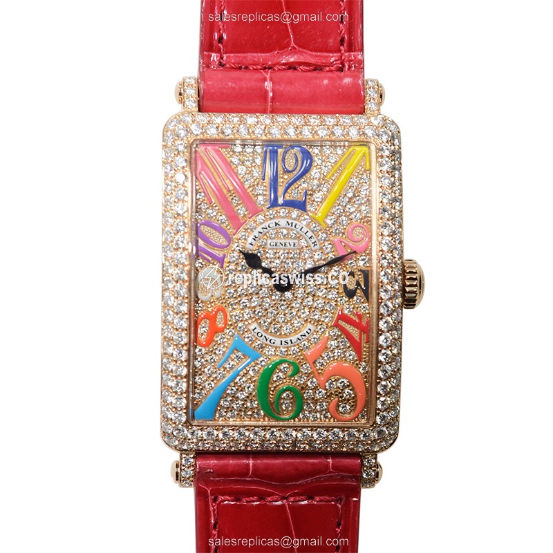 Luxurious Franck Muller 952 QZ Replica in 18kt Rose Gold with Diamond Bezels & Red Alligator Strap