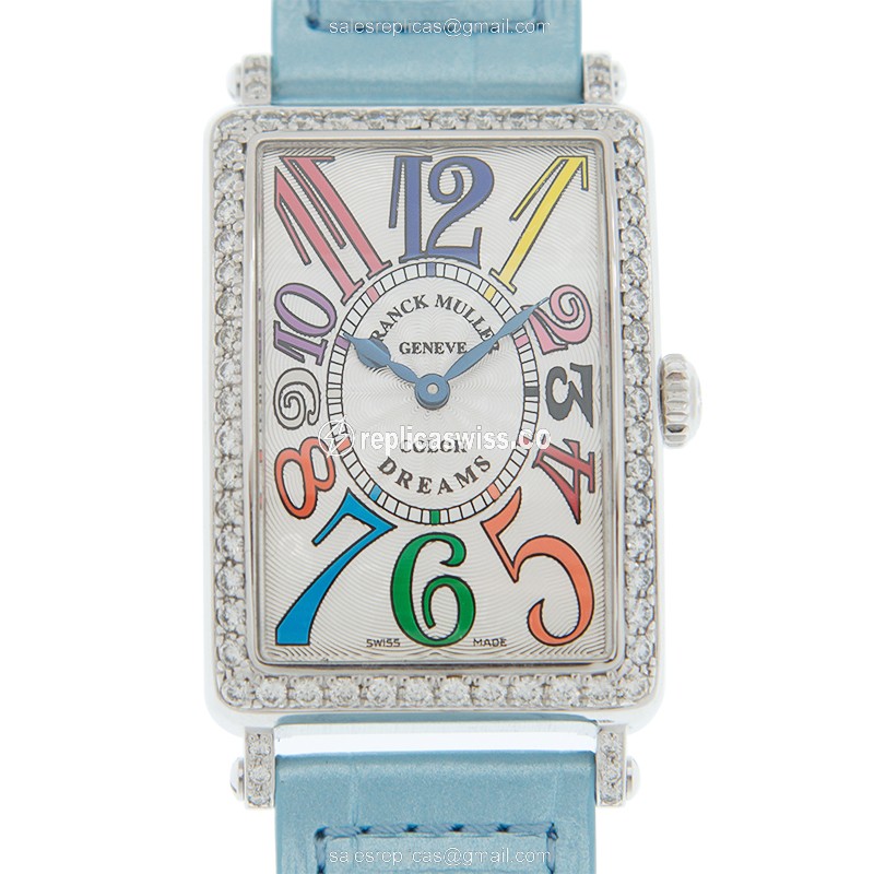Luxurious Franck Muller 952QZ Quartz Replica in White Dial, Alligator Blue Strap, Crystal Case Watch
