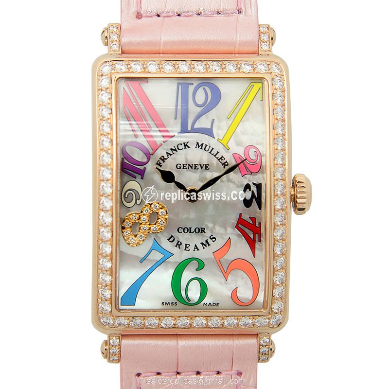 Luxurious Franck Muller 952QZ Replica in 18kt Rose Gold, Silver Dial, Alligator Pink Strap Watch