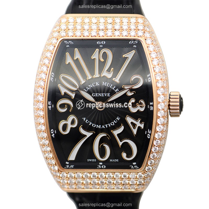 Luxurious Franck Muller V 32 SC Vanguard in 18kt Rose Gold with Black Dial & Diamond Bezels Watch