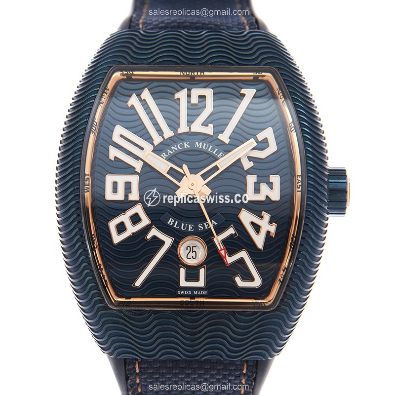 Luxurious Franck Muller V 45 SC DT Blue Sea Automatic Watch | 18kt Gold Case | Blue Rubber Strap