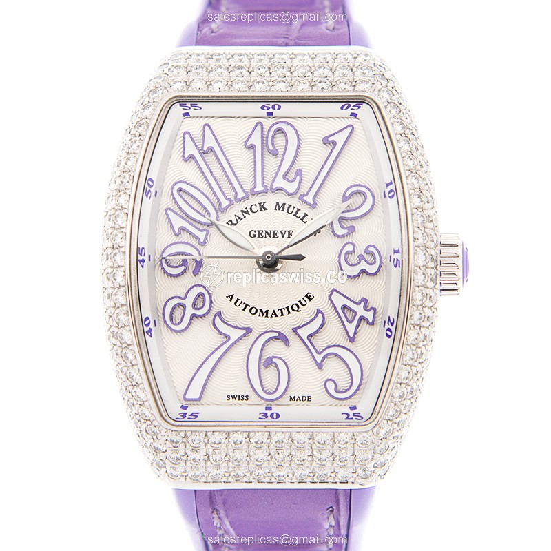 Luxurious Franck Muller V29 Vanguard Automatic Replica with White Dial Exquisite Diamond Bezels
