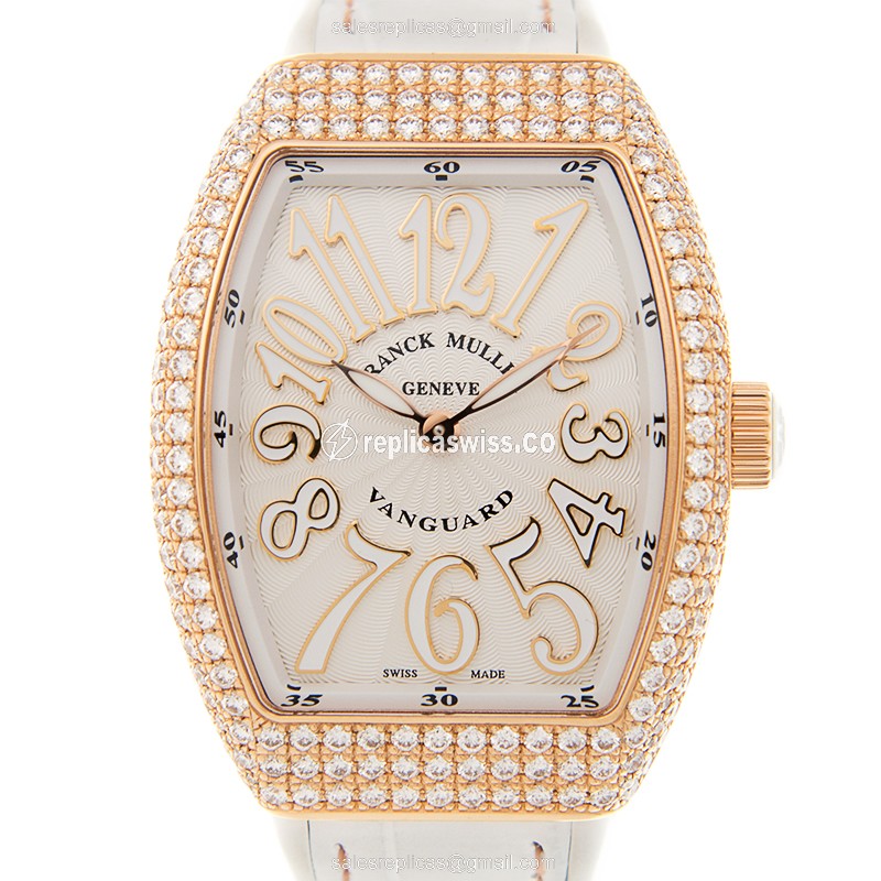 Luxurious Franck Muller V32 Quartz Replica, 18kt Rose Gold Case, White Dial & Leather Strap Watch