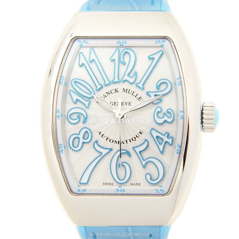 Luxurious Franck Muller V32 SC AT FO Vanguard Automatic Replica, Silver Dial & Blue Rubber Strap