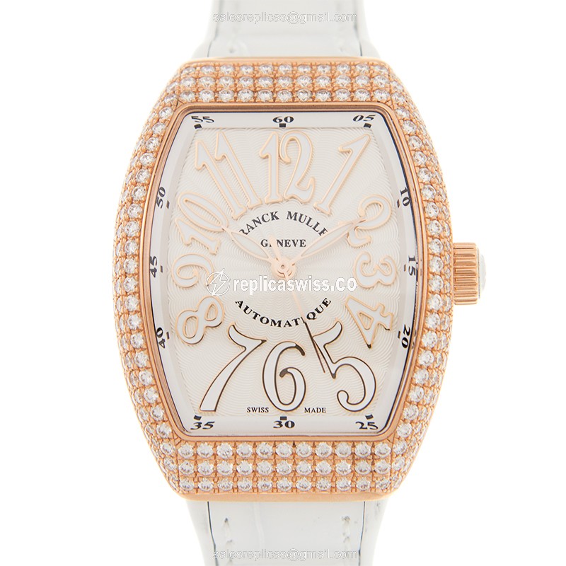 Luxurious Franck Muller V32 SC Vanguard Automatic, 18kt Rose Gold Case & White Alligator Strap Watch