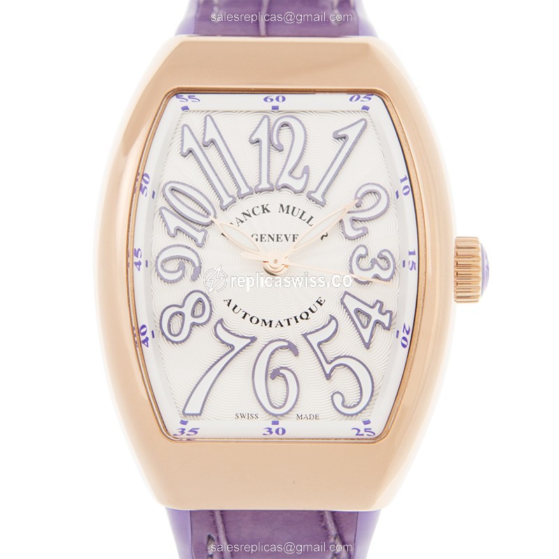 Luxurious Franck Muller V32 SC Vanguard Automatic in 18kt Rose Gold, White Dial & Alligator Purple