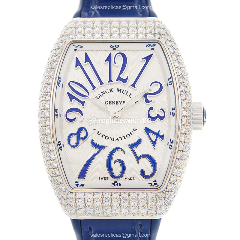 Luxurious Franck Muller V32 SC Vanguard Replica in White Dial Blue Alligator Strap Watch