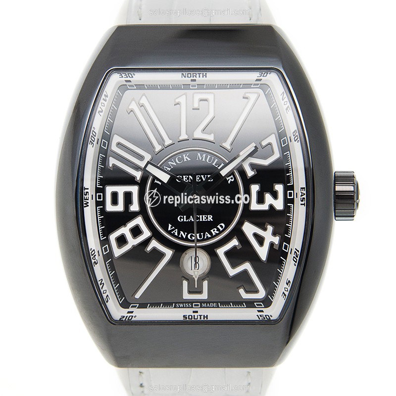Luxurious Franck Muller V45 Glacier Vanguard Automatic Steel Case, Black Dial & White Rubber Strap