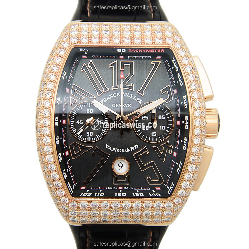Luxurious Franck Muller V45 Vanguard Automatic in 18kt Rose Gold, Black Dial & Diamond Bezels Watch