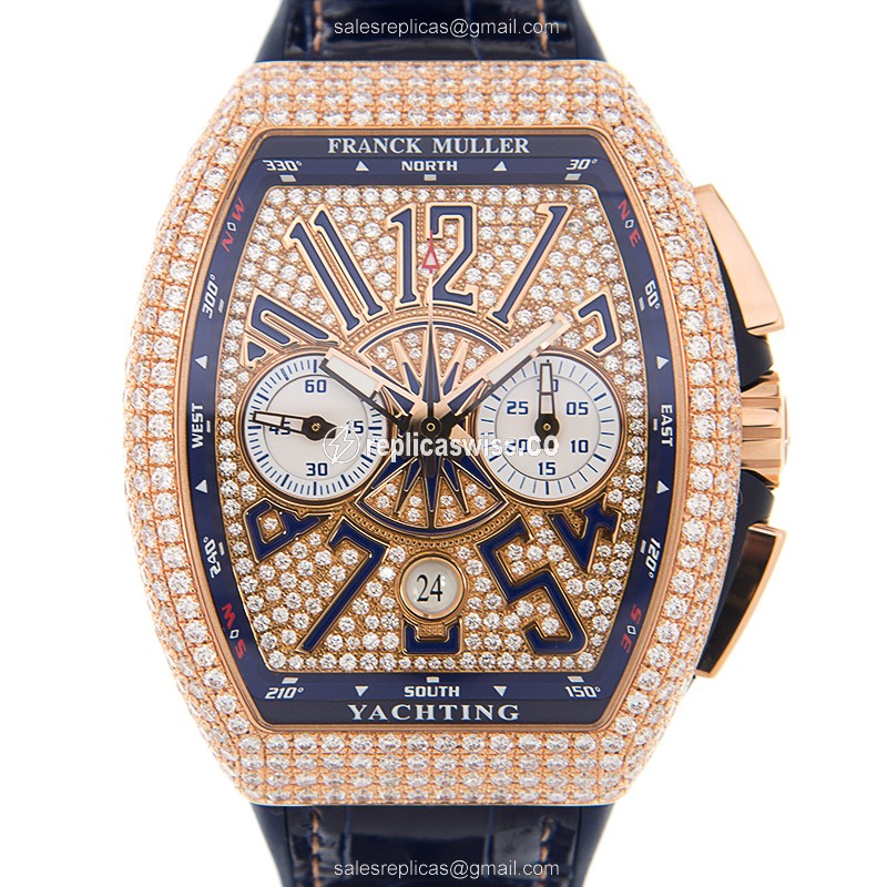 Luxurious Franck Muller V45 Yachting Replica in 18kt Rose Gold, Automatic Movement & Blue Leather