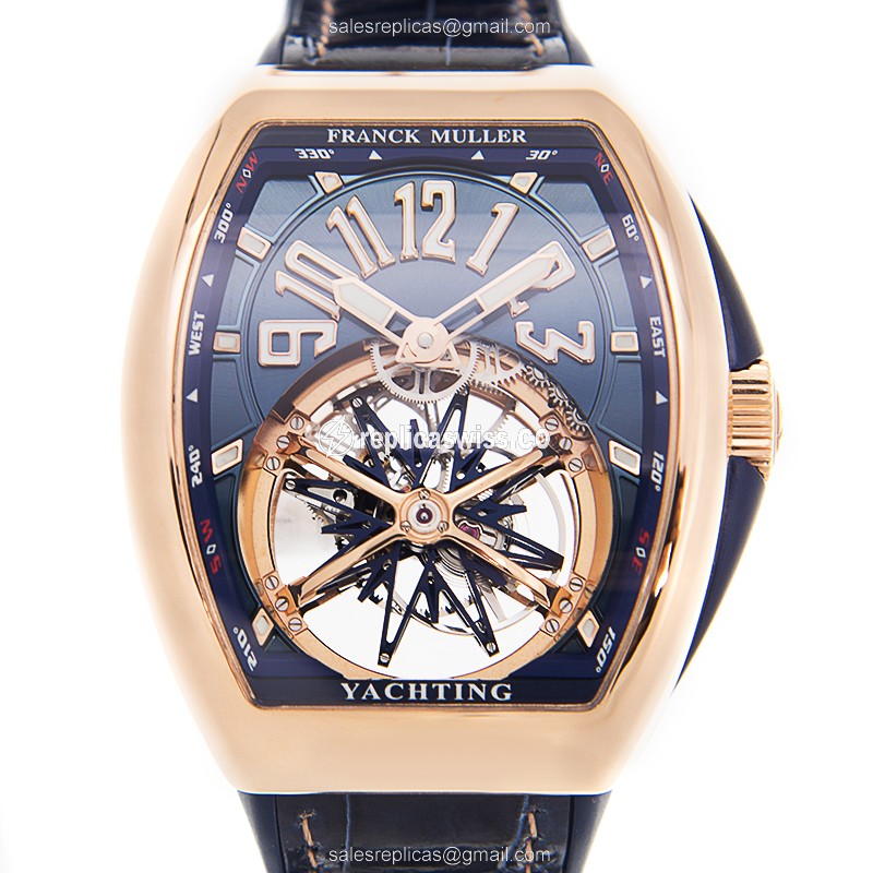 Luxurious Franck Muller V45T Gravity CS Yacht replica, Manual Wind, 18kt Rose Gold Case, Blue Dial
