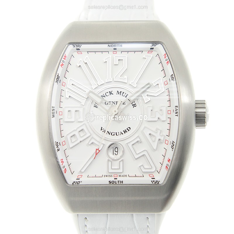 Luxurious Franck Muller Vanguard Automatic Steel Case, White Dial & Alligator Strap Watch