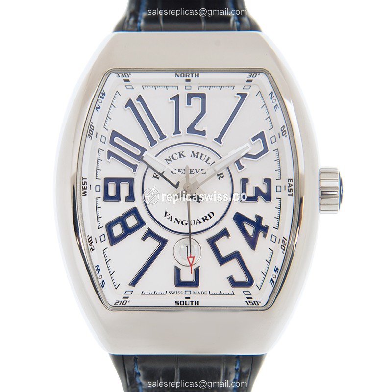 Luxurious Franck Muller Vanguard Automatic Steel Replica with White Dial & Black Leather Strap Watch