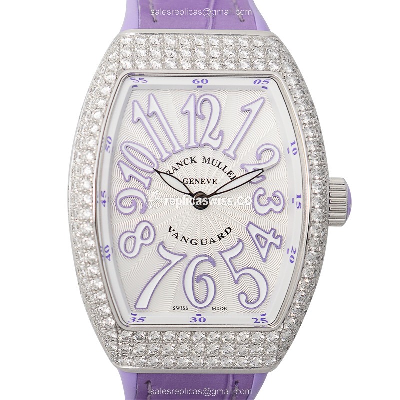 Luxurious Franck Muller Vanguard Quartz Replica, Exquisite White Dial & Chic Purple Leather Strap