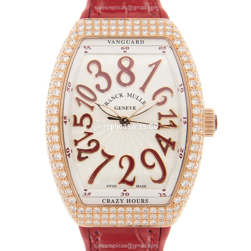 Luxurious Franck Muller Vanguard Replica in 18kt Rose Gold & White Dial, Automatic Movement & Red