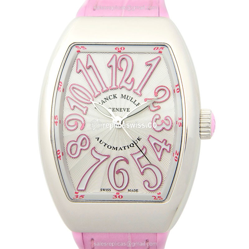 Luxurious Franck Muller Vanguard V32 Replica, Automatic, Silver Dial & Pink Alligator Strap Watch