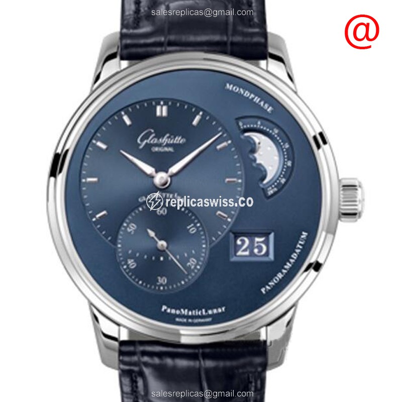 Luxurious Glashutte PANO Automatic Replica, Exquisite Blue Steel Case, Alligator Blue Straps Watch