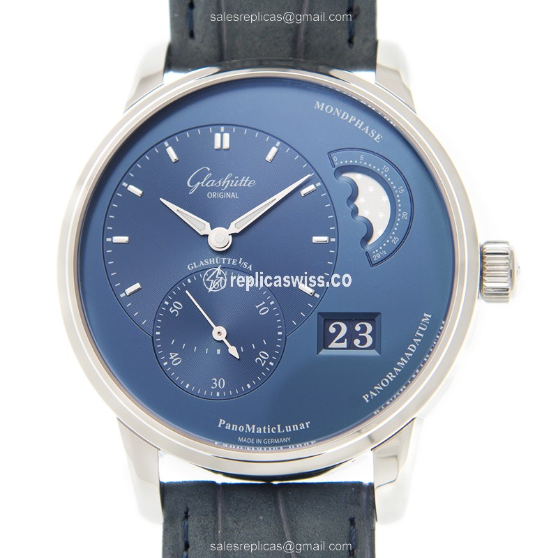 Luxurious Glashutte PANO Automatic Steel Replica, Blue Dial & Alligator Blue Strap Watch
