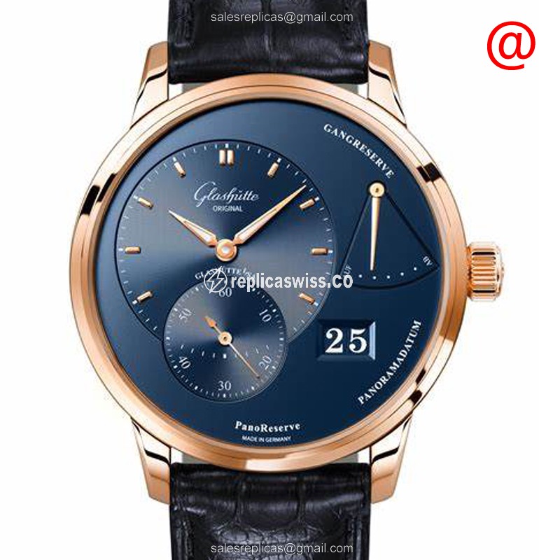 Luxurious Glashutte PANO Manual Wind Replica in 18kt Rose Gold, Blue Dial & Alligator Strap Watch
