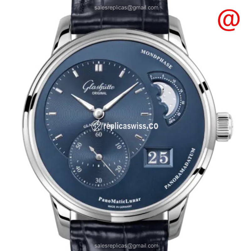 Luxurious Glashutte PANO Replica with Blue Dial & Alligator Strap, Automatic Movement Watch