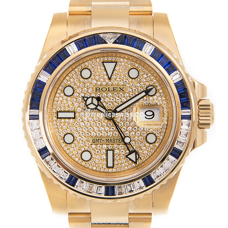 Luxurious Gold & Diamond Clasp Rolex GMT-MASTER II Replica, Automatic Movement, Exquisite Gold Dial