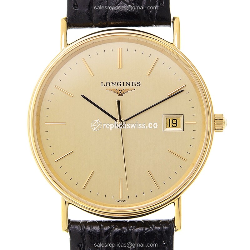 Luxurious Gold-Plated Longines Presence Replica in Stainless Steel, Elegant Gold Dial & Black