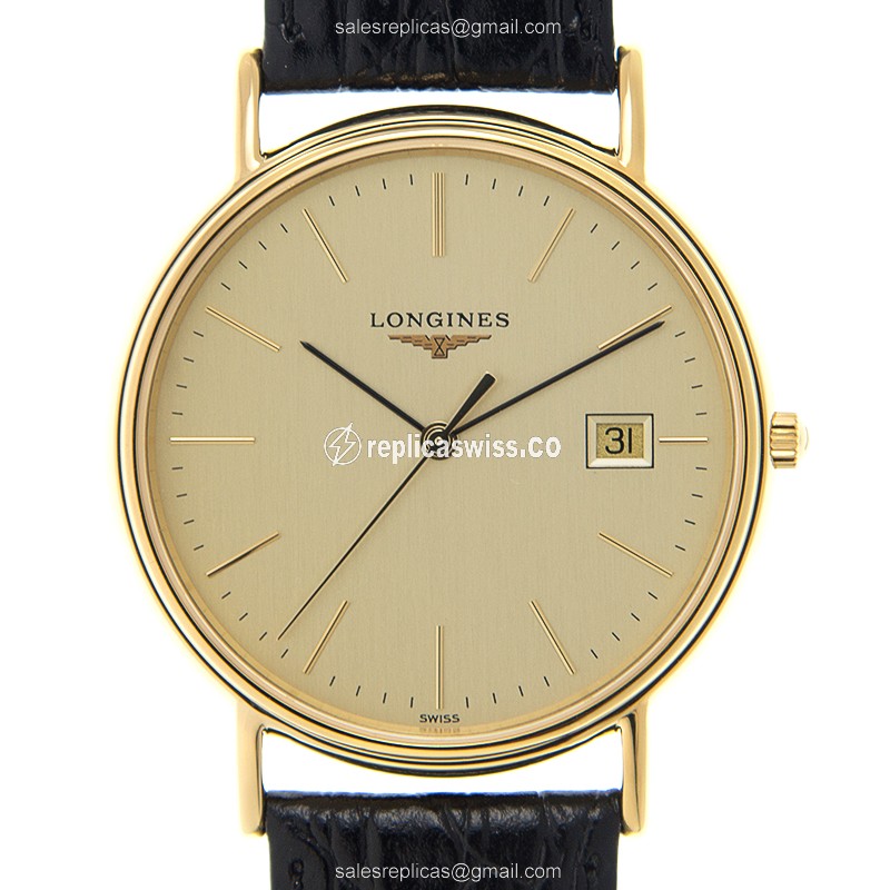 Luxurious Gold-Plated Longines Presence Replica, Quartz Movement, Elegant Black Alligator Strap