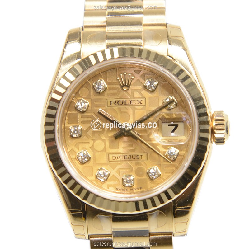Luxurious Gold Rolex Lady Datejust Replica, Automatic Movement & Crystal Clasp Watch