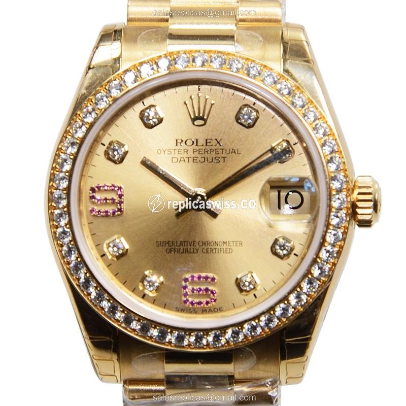 Luxurious Gold-Tone Rolex Lady Datejust Replica Watch with Automatic Movement & Crystal Dial