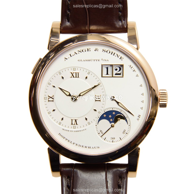 Luxurious Grand Lange Manual Wind Replica in 18kt Rose Gold, White Dial, Brown Alligator Strap