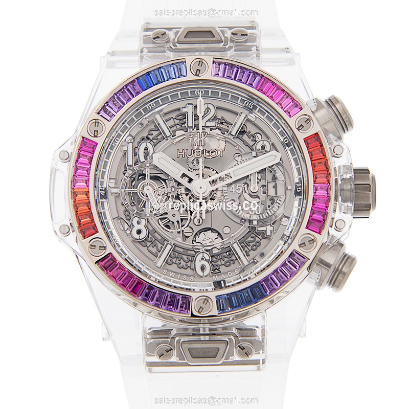Luxurious Hublot Big Bang Replica, Automatic Movement, 18kt White Gold Case, Skull Dial & Sapphire