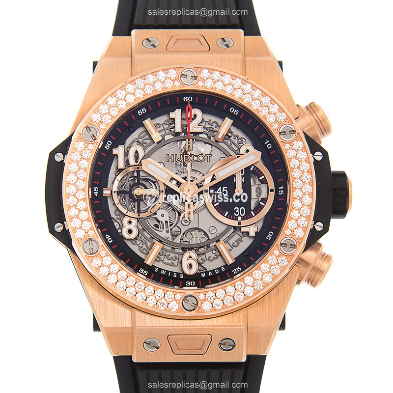 Luxurious Hublot Big Bang Replica in 18kt Rose Gold, Automatic Movement, Black Diamond Dial