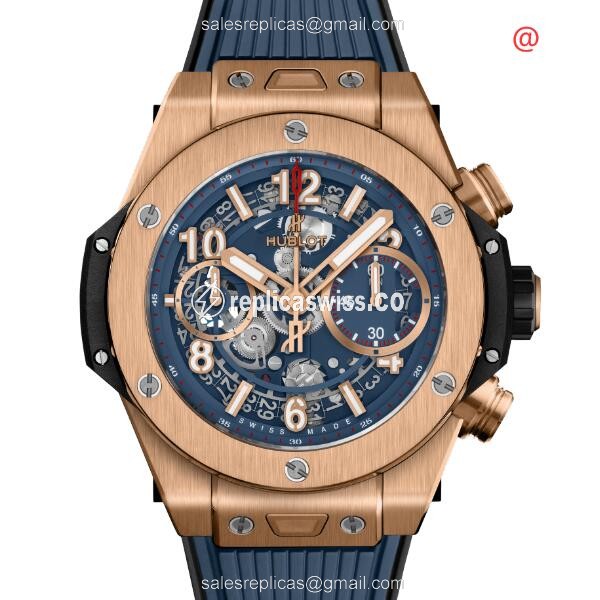 Luxurious Hublot Big Bang Replica in 18kt Rose Gold, Automatic Movement & Blue Rubber Strap Watch