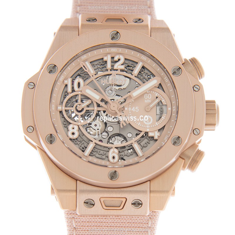 Luxurious Hublot Big Bang Replica in 18kt Rose Gold, Automatic Movement, Transparent Dial & Canvas