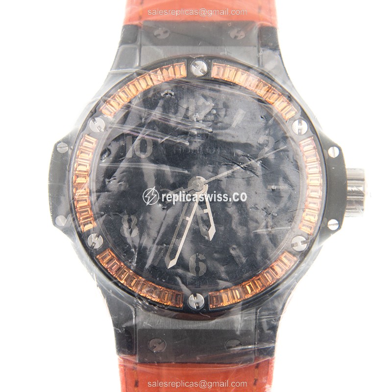 Luxurious Hublot BIG BANG Replica in Black Ceramic Case & Orange Alligator Strap Watch